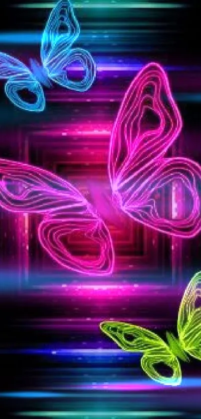 Neon butterflies glowing in blue, pink, and green on a dark background.