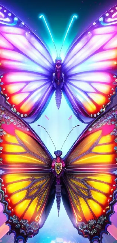 Neon butterflies in vibrant colors flutter elegantly in intricate digital art.