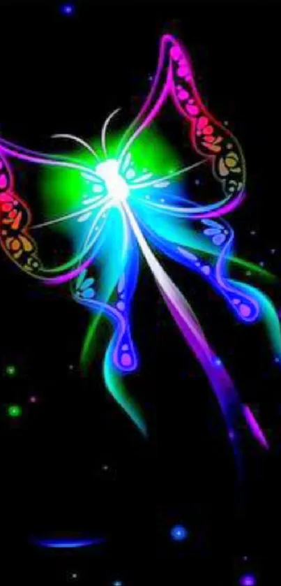 Neon butterfly artwork with vibrant colors on a black background.