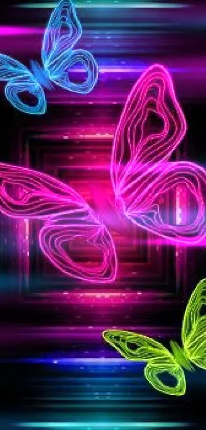 Neon butterflies in vibrant colors on a dark background, perfect for phone wallpaper.