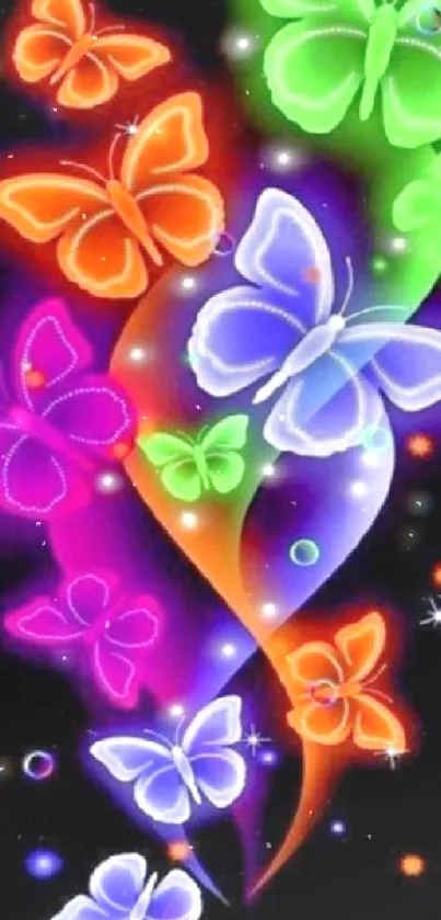 Vibrant neon butterflies glowing in the dark, creating colorful art for mobile screen.