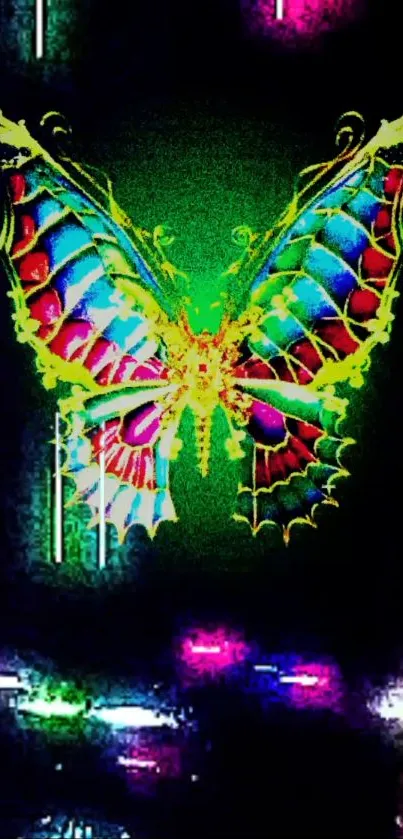 Neon butterfly art with vibrant colors on a dark background.