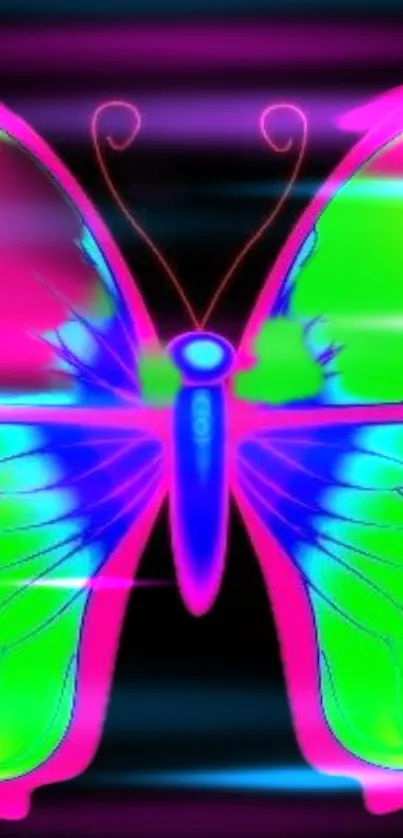 Vibrant neon butterfly wallpaper with pink, green, and blue hues.