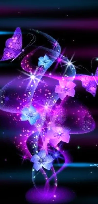 Neon butterflies and flowers on a black background.