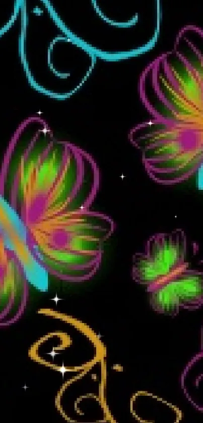 Vibrant neon butterfly wallpaper with colorful artistic swirls.