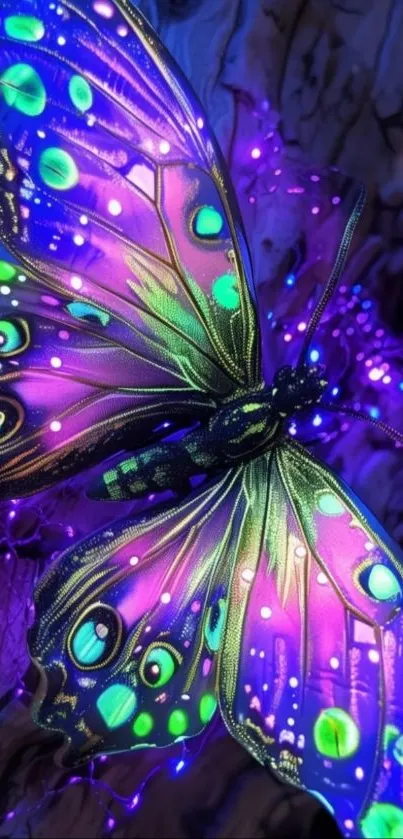 Vibrant neon butterfly with glowing colors on tree.