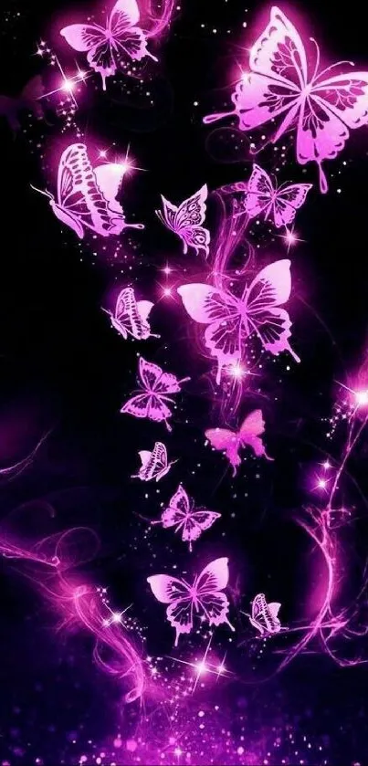 Neon purple butterflies on black background.