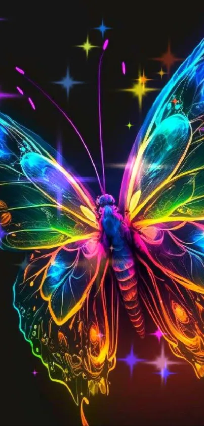 Vibrant neon butterfly on black background, colorful wings glowing.