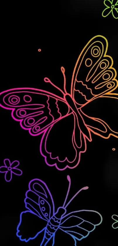 Neon butterfly and flowers on black background wallpaper.