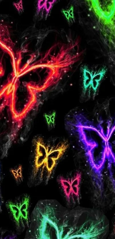 Vibrant neon butterflies on dark background.