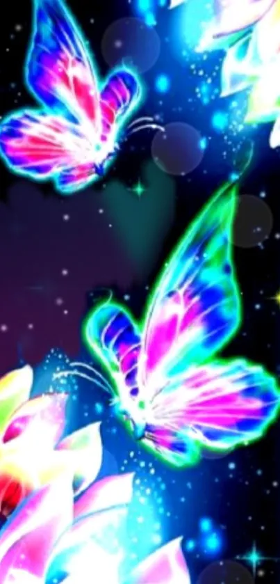 Colorful neon butterflies with flowers on vibrant mobile wallpaper.