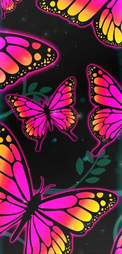 Neon pink butterflies on a dark background wallpaper.