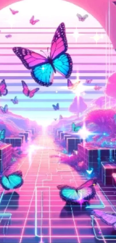 Colorful neon butterflies in a digital fantasy landscape.