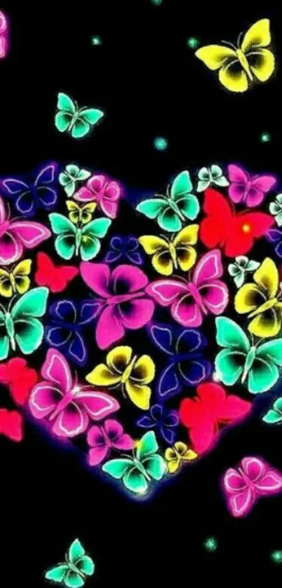 Neon butterflies form a heart on dark background.