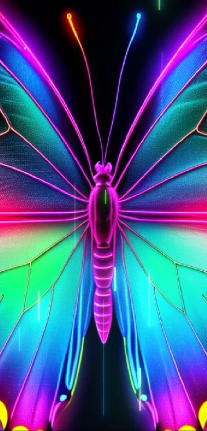 Vibrant neon butterfly with colorful wings on black background.