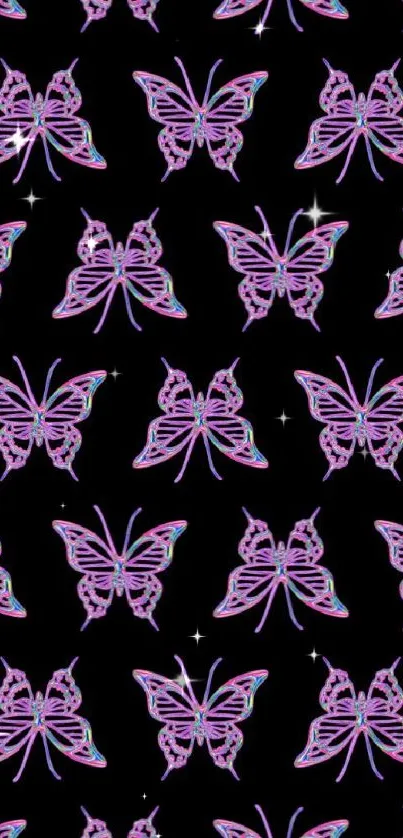 Neon pink butterflies on a black background wallpaper.