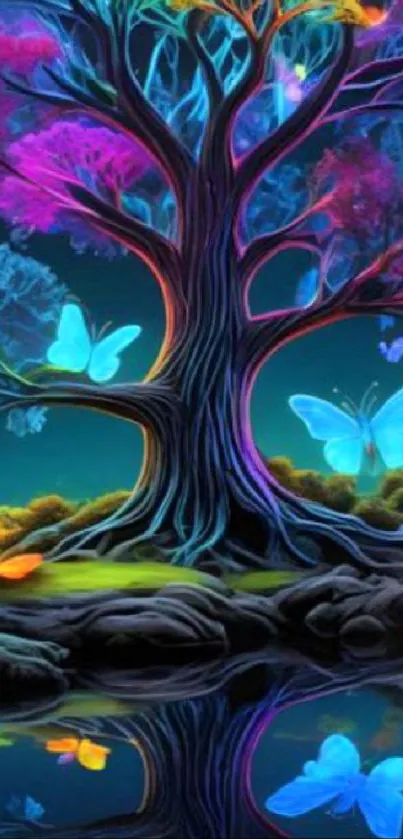 Neon tree with colorful butterflies in vibrant night scene.