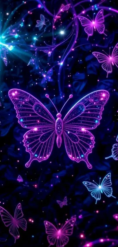 Neon butterflies in a mystical forest wallpaper