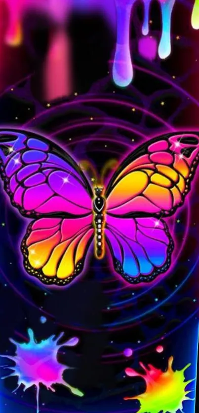 Vibrant neon butterfly with colorful glow and abstract design elements.