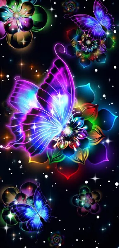 Vibrant neon butterfly and floral mobile wallpaper.