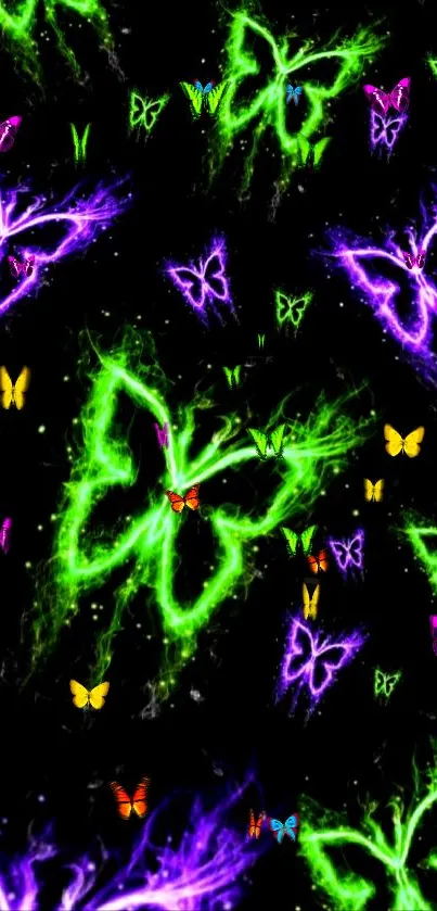 Dark wallpaper with glowing neon butterflies, adding a vibrant pop of color.