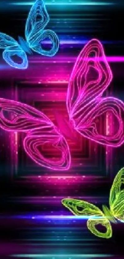 Neon butterfly wallpaper with blue, pink, and green hues on a dark background.