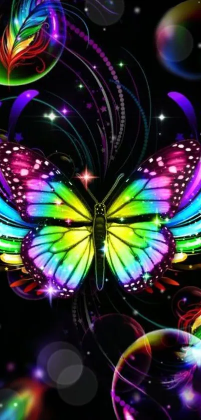 Vibrant neon butterfly with colorful wings on a dark background.