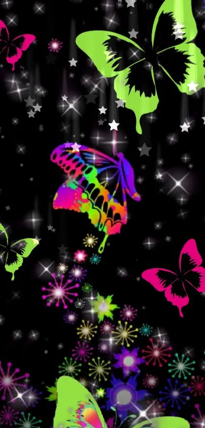 Neon butterfly wallpaper with colorful patterns and sparkling stars.