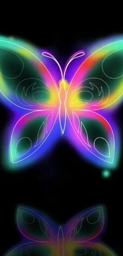 Neon butterfly on black background, colorful and vibrant mobile wallpaper.