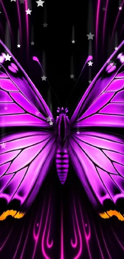 Vibrant neon butterfly wallpaper in radiant purple hues on a black background.