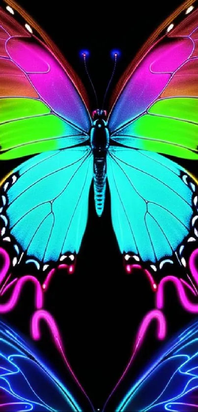 Neon butterflies with a vibrant color gradient on a black background.