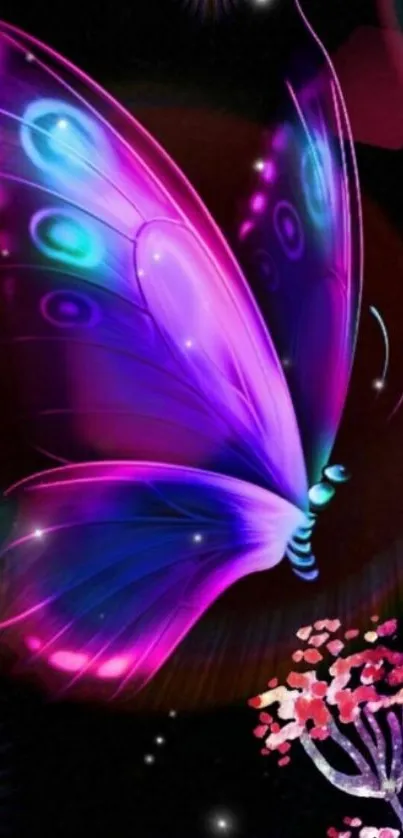 Vibrant neon butterfly with purple hues on a black background.