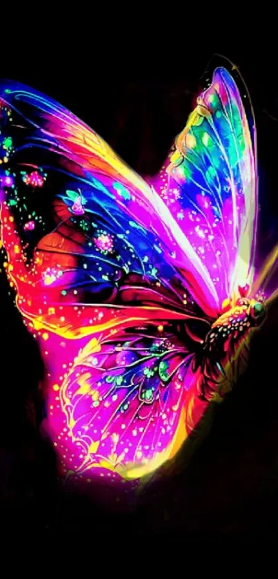 Vibrant neon butterfly on a dark background.