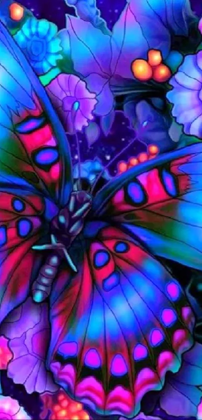 Vibrant neon butterfly in blues and purples on a floral background.