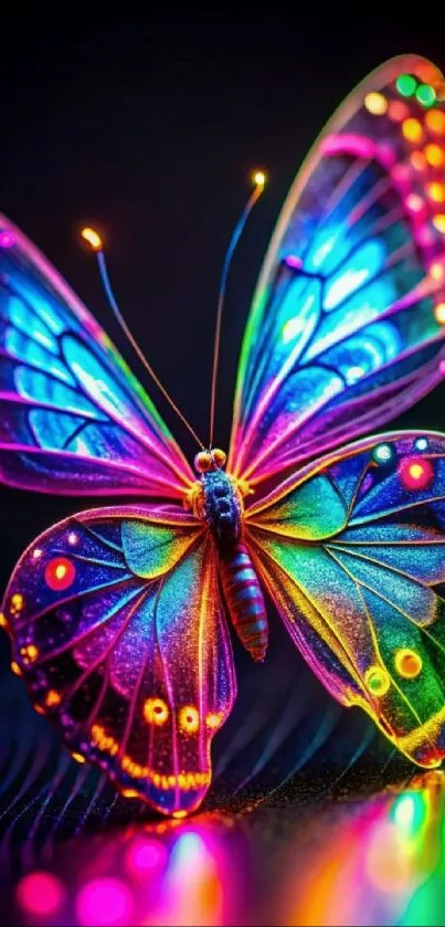 Vibrant neon butterfly with colorful lights.