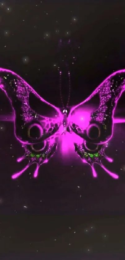 Neon butterfly with glowing pink wings on a dark background, perfect for mobile screens.