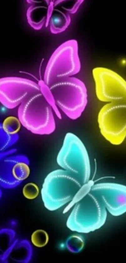 Vibrant neon butterflies on black background.