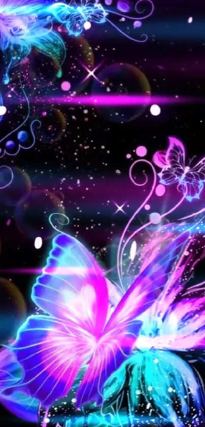 Vibrant neon butterfly with glowing colors and cosmic design.