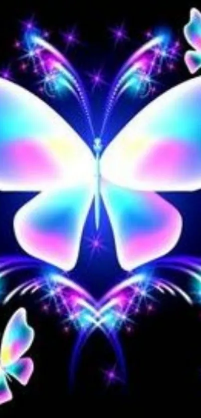 Vibrant neon butterfly wallpaper with glowing colors on a dark background.