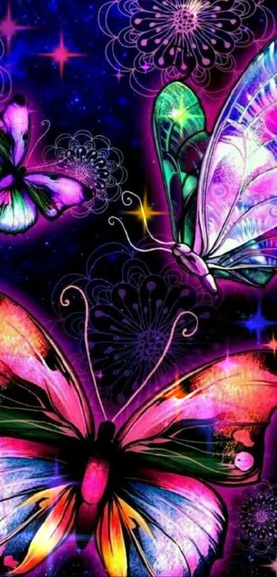 Vibrant neon butterflies on cosmic background.