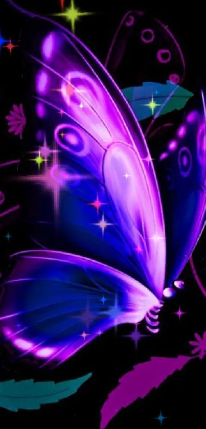 Neon purple and blue butterfly wallpaper for mobile.