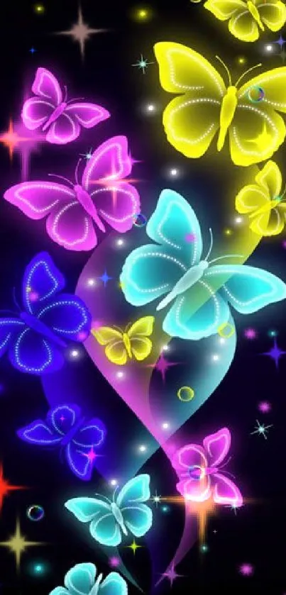 Glowing neon butterflies on a dark background.