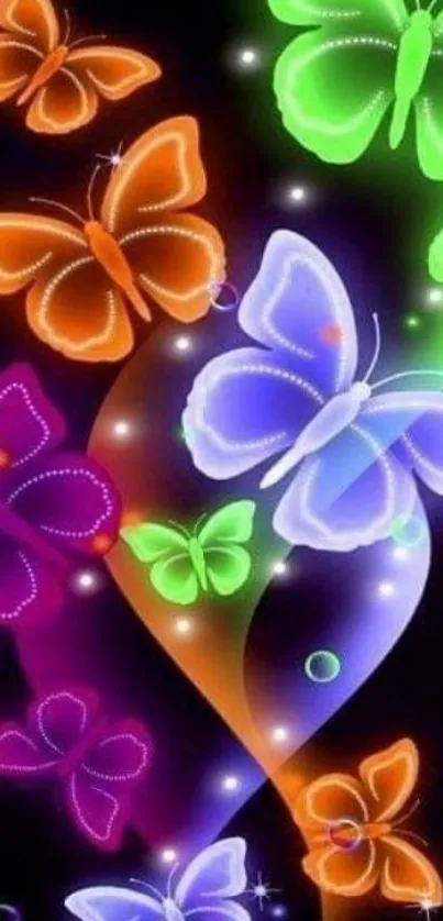 Vibrant neon butterflies glowing on dark background mobile wallpaper.