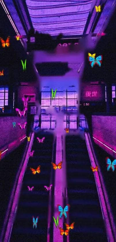 Vibrant neon butterfly wallpaper on escalator with purple hue.