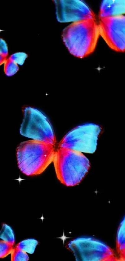 Vibrant neon butterflies with glowing blue and orange wings on a dark background.