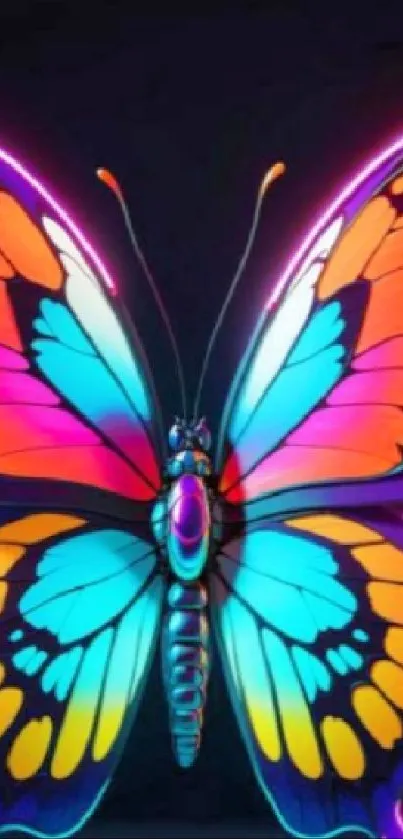 Vibrant neon butterfly with glowing colors.