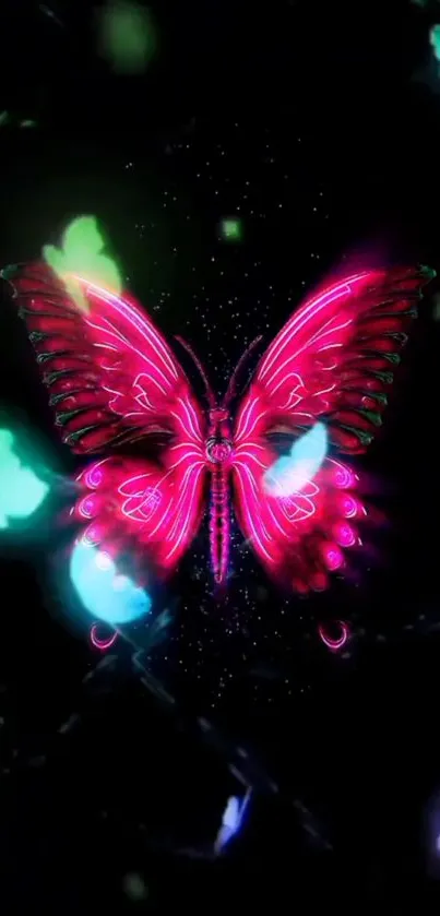 Vibrant neon butterfly glowing on dark background.