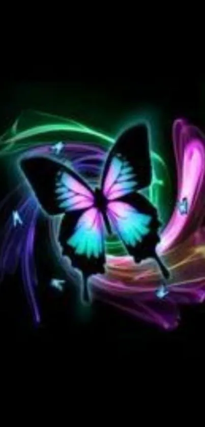 Vibrant neon butterfly on colorful, glowing background.