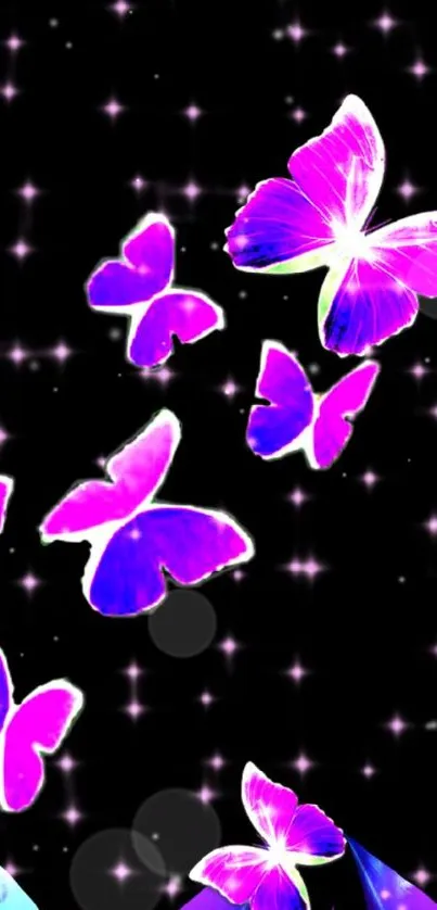 Vibrant neon butterflies on a starry background.