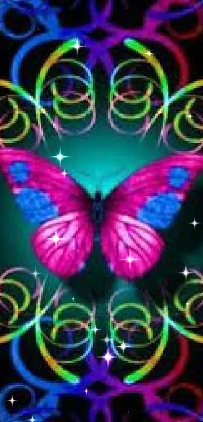 Vibrant abstract butterfly wallpaper with neon colors and intricate design.